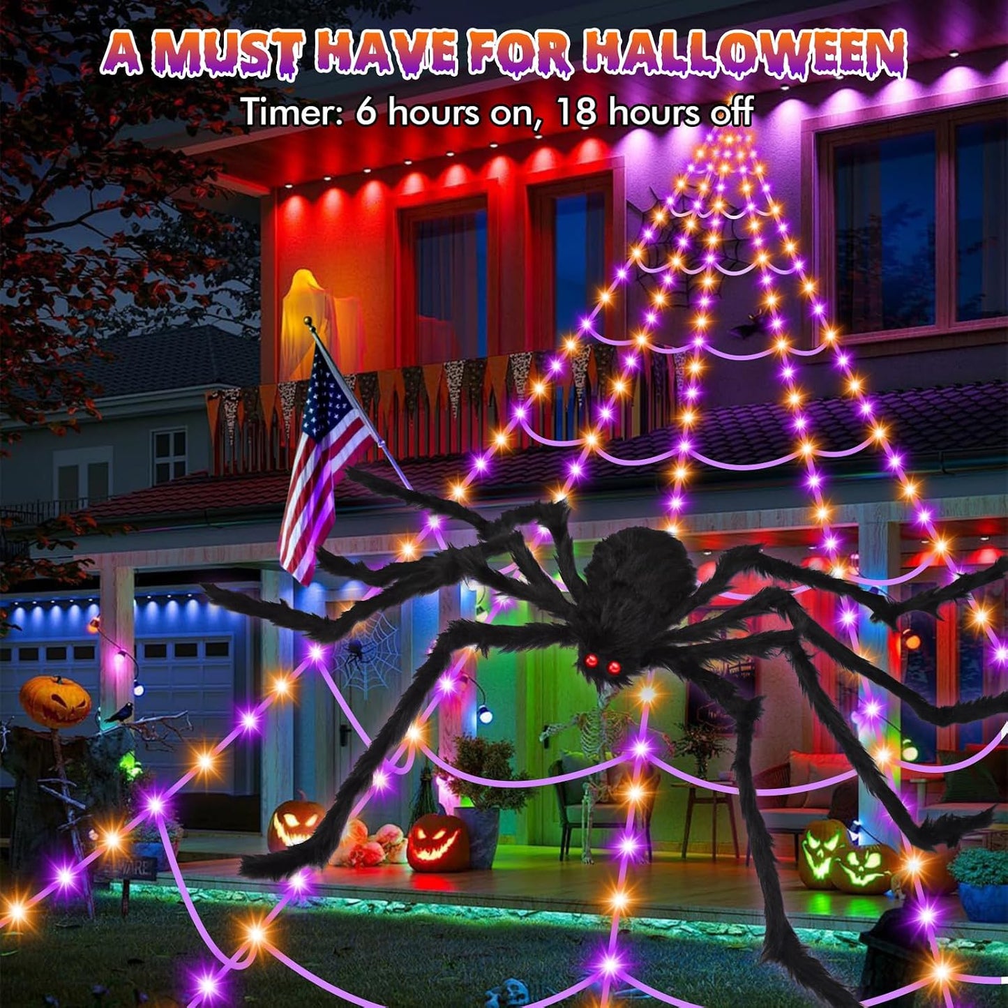 200" Halloween Decorations Spider Web Lights Outdoor +59" Fake Spider