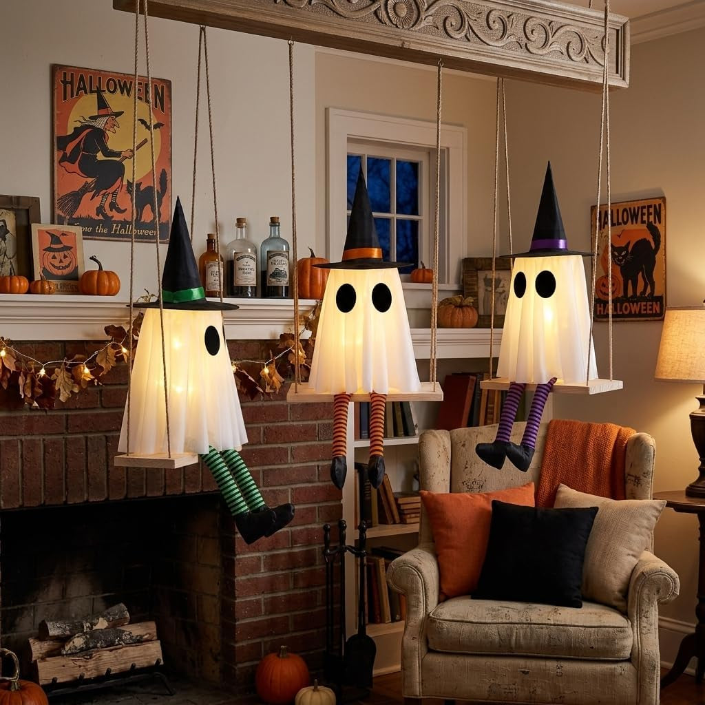 Halloween Swinging Ghost Outdoor Decor, Spooky Hanging Ghosts Decorations