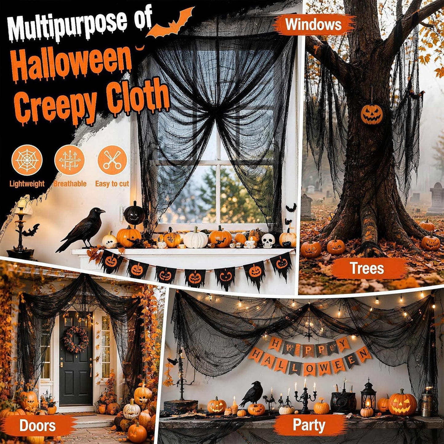 5Pcs Halloween Creepy Cloth Black 30×72Inch - Halloween Decorations Clearance - Creepy Spooky Halloween Decorations Outdoor Indoor