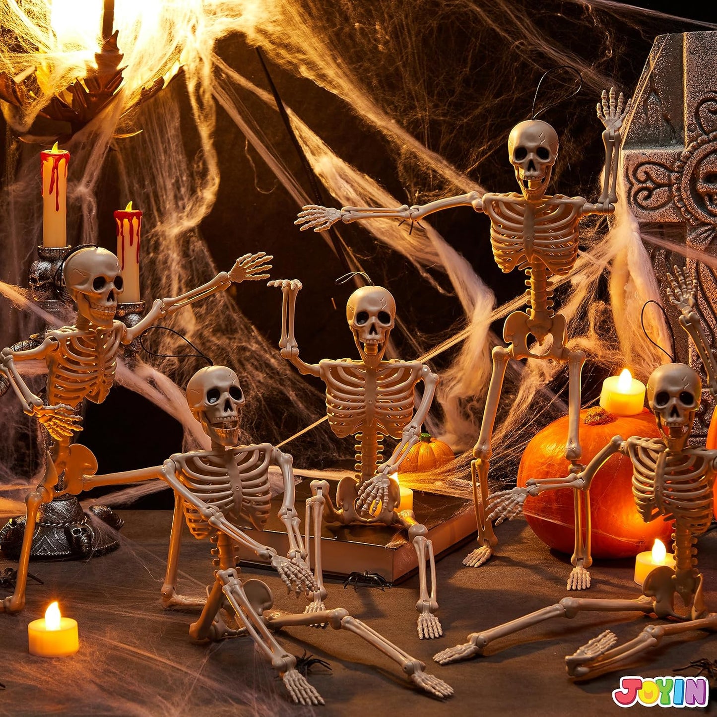 5 PCS Posable Halloween Skeleton Decor 16 Inches, Full Body Posable Joints Hanging Skeletons for Halloween Decorations, Graveyard Props, Haunted House Accessories, Spooky Scene Party Favors