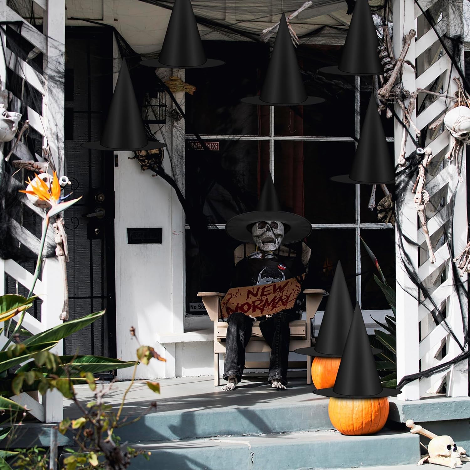 12 PCS Halloween Witch Hats, Black Hanging Witch Hats Porch Yard Decor