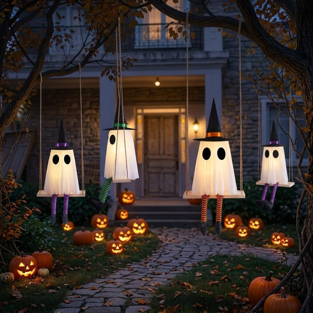 Halloween Swinging Ghost Outdoor Decor, Spooky Hanging Ghosts Decorations