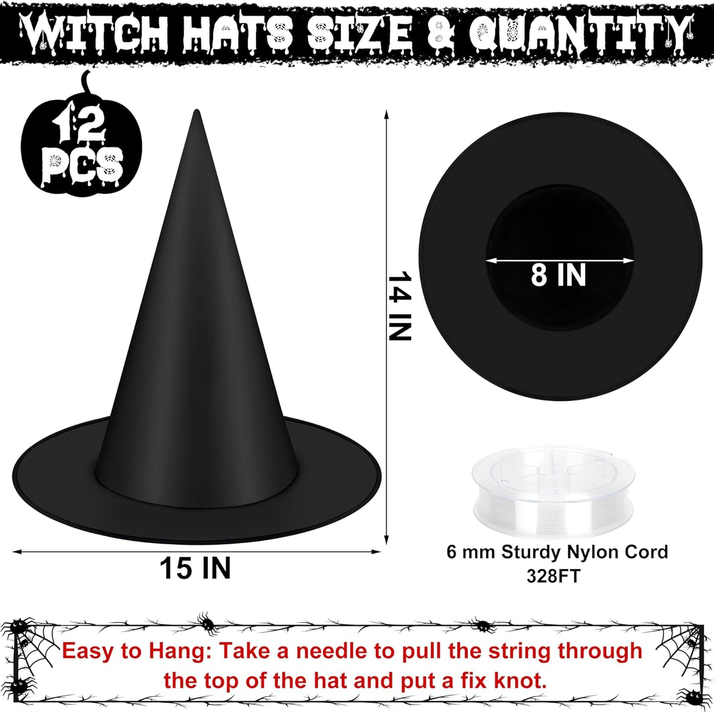 12 PCS Halloween Witch Hats, Black Hanging Witch Hats Porch Yard Decor