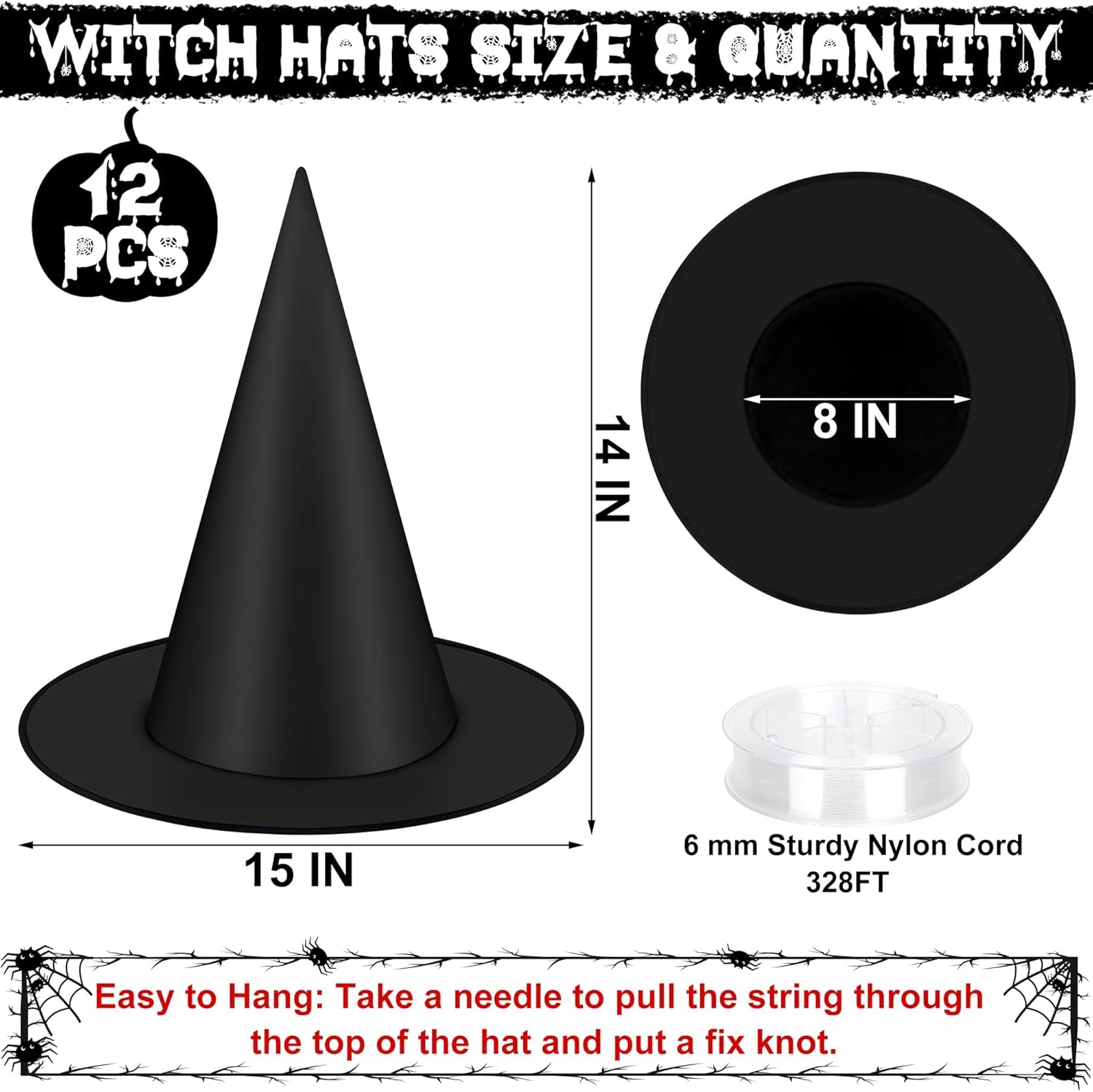 12 PCS Halloween Witch Hats, Black Hanging Witch Hats Porch Yard Decor